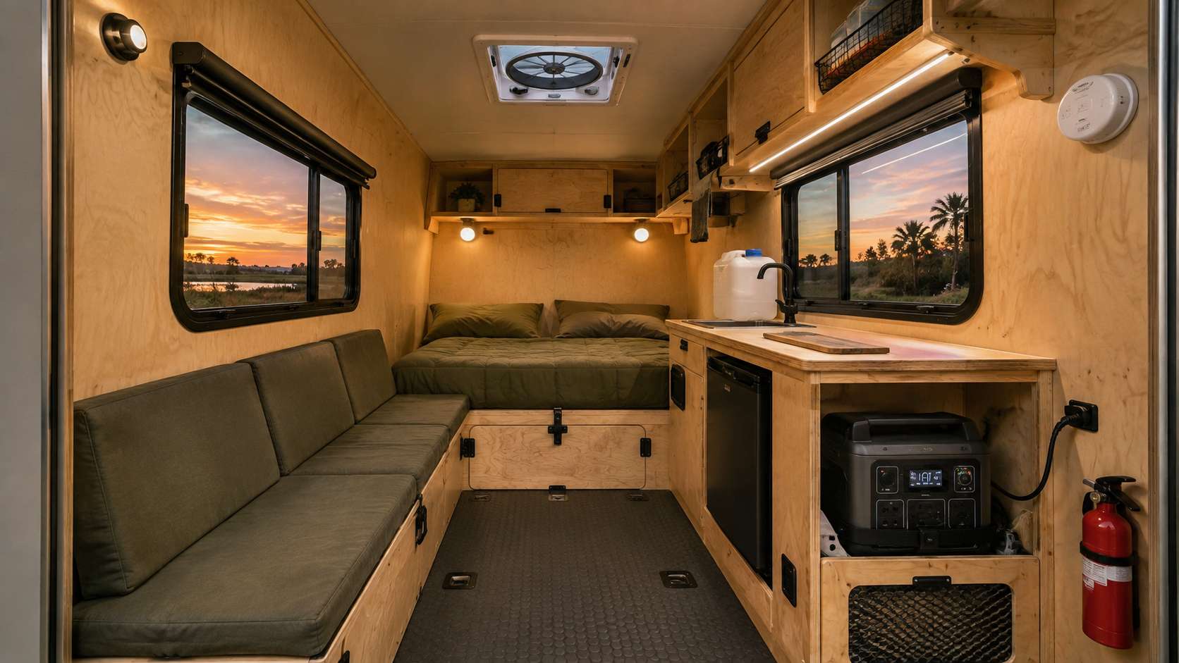AI concept of an upgraded cargo trailer camper with bed, lounge, sink and portable power