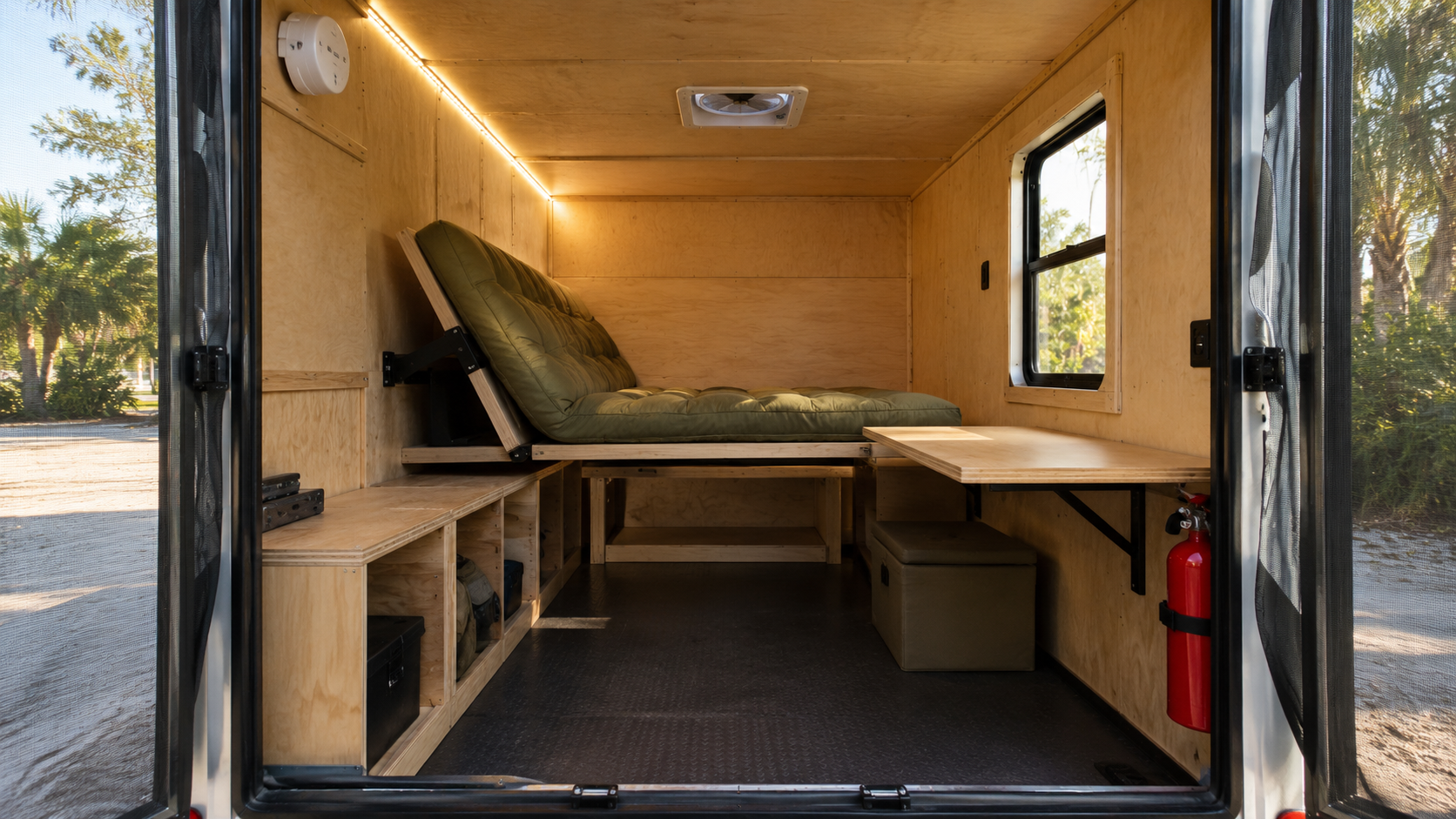 AI concept of a simple cargo trailer camper with a convertible bed, table and windows